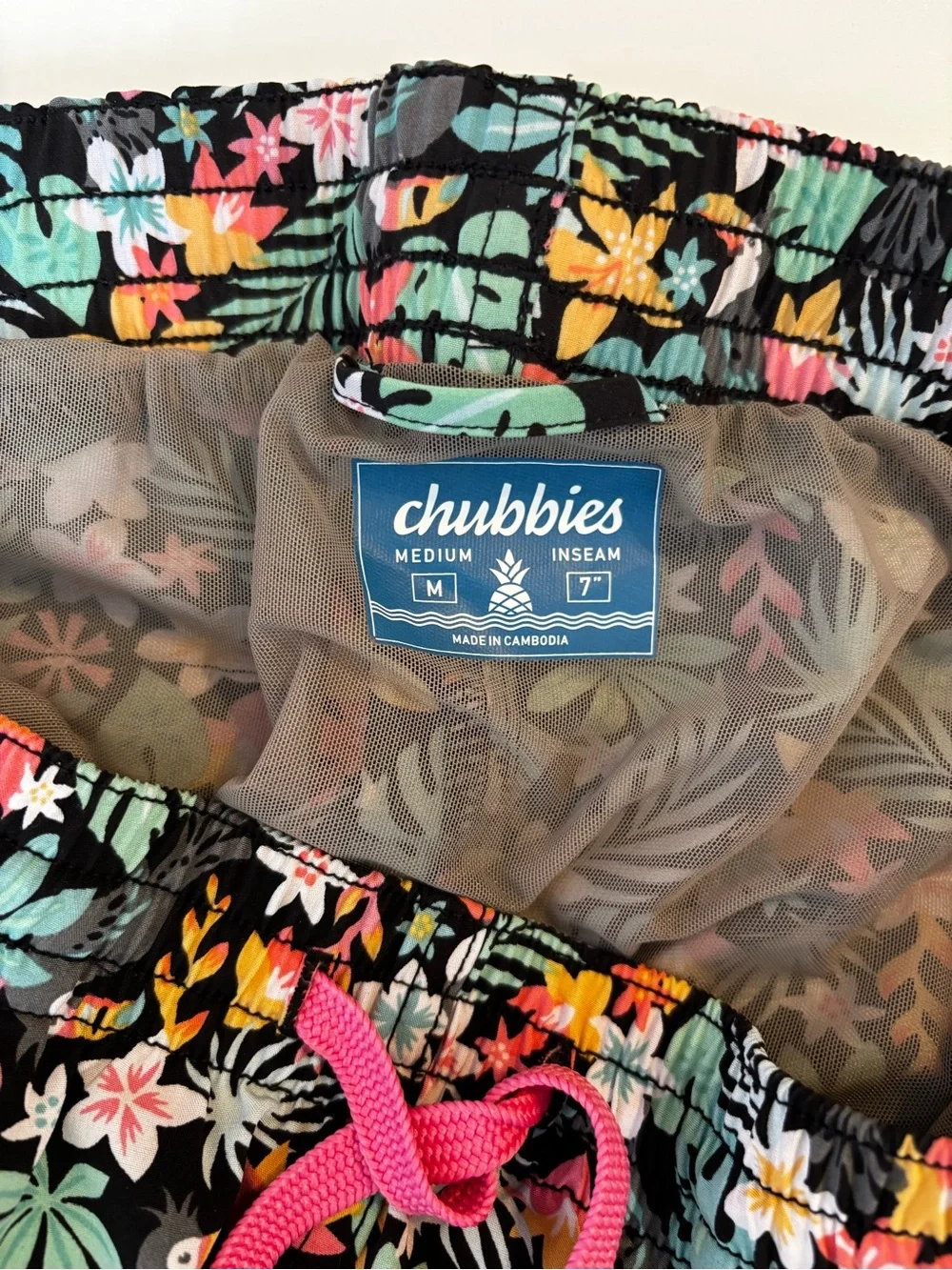 chubbies Floral Swim Trunks in Black with Pink Drawstring, Pockets